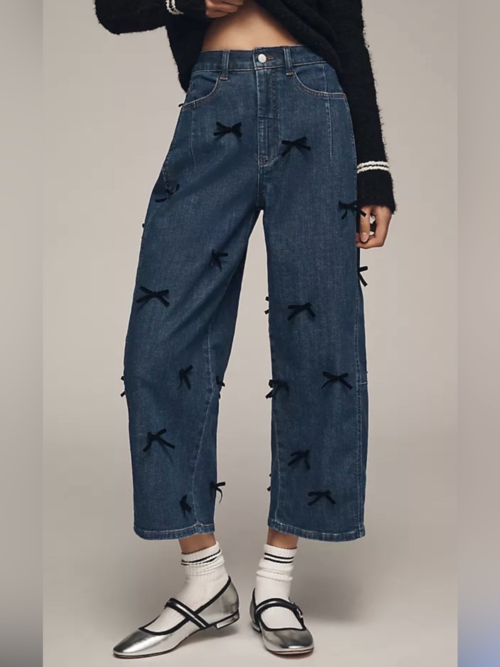 Pilcro Dark Blue Wide-Leg Denim Jeans with Black Bow Appliqués